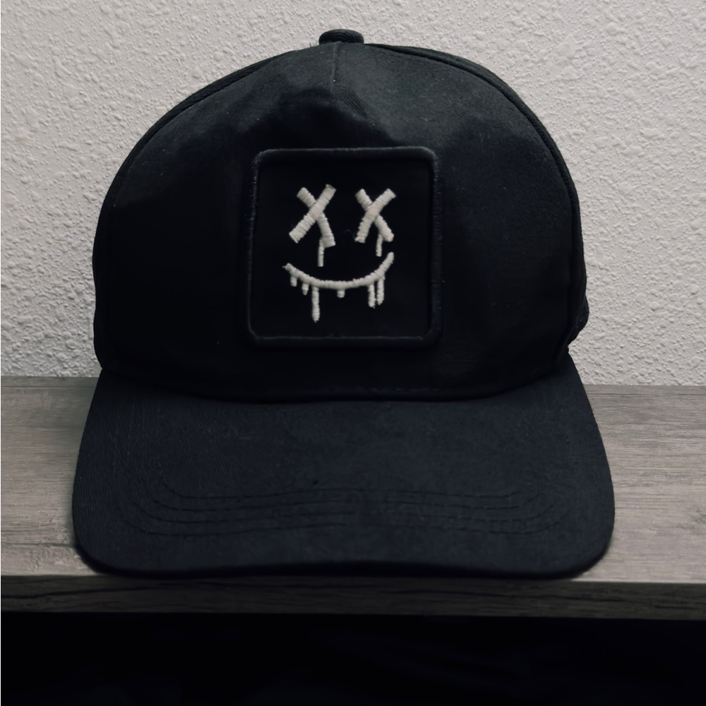 Black Cap with White Smiley Patch Hat